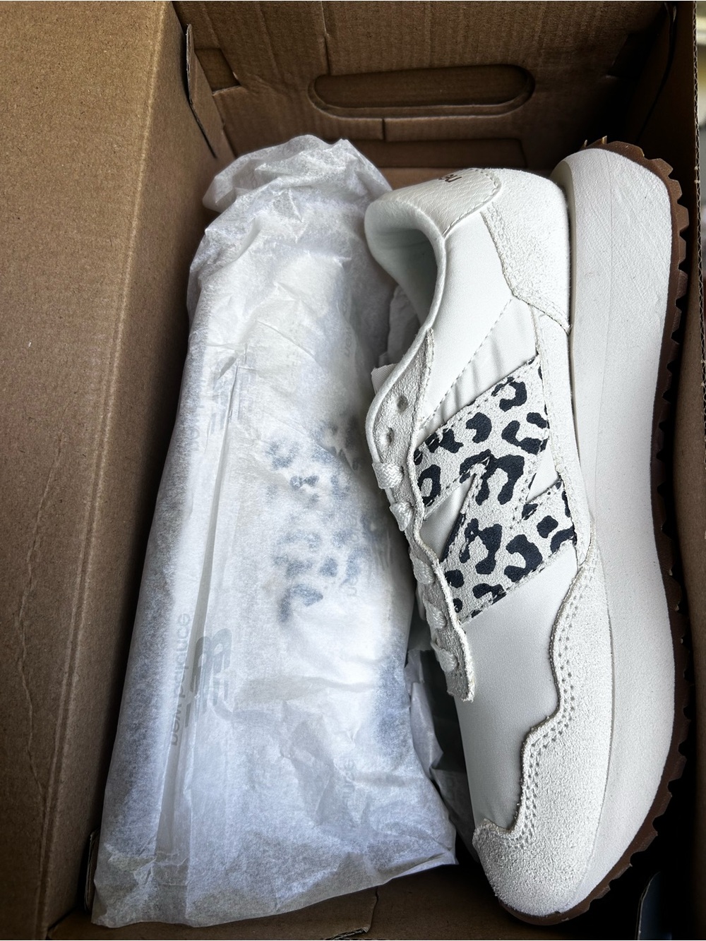 New Balance White Sneakers with Black Leopard Print Accent